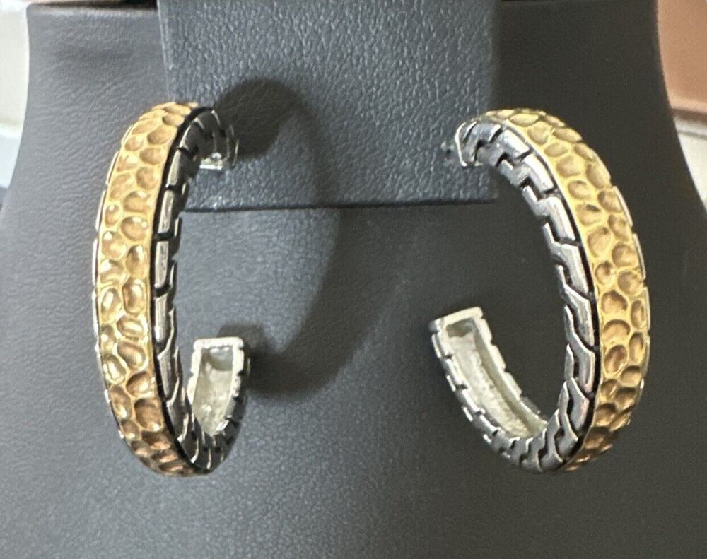 Two -tone gold and silver styled hammered chain Loop earrings